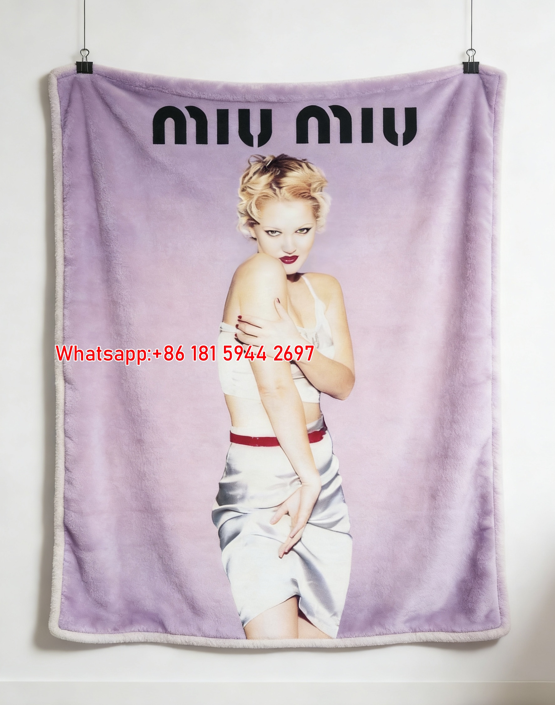 Miu Miu Lavender & Silver & Red Retro Portrait Printed Flannel Sofa Throw Blanket IMG_0461